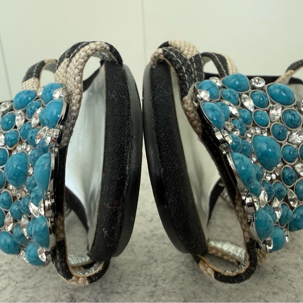 Beverly Feldman Chic Turquoise Embellished Slingback Heels Sz 6 Heeled Sandals - Picture 9 of 12